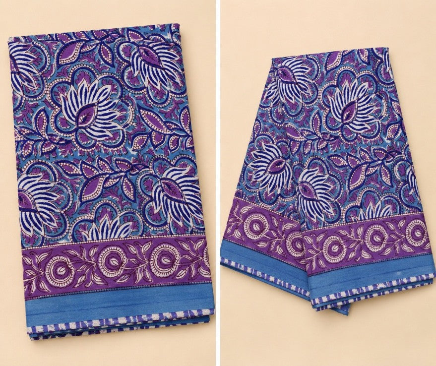 Traditional Blue Handwoven Jaipuri Cotton Saree | Block Print Border