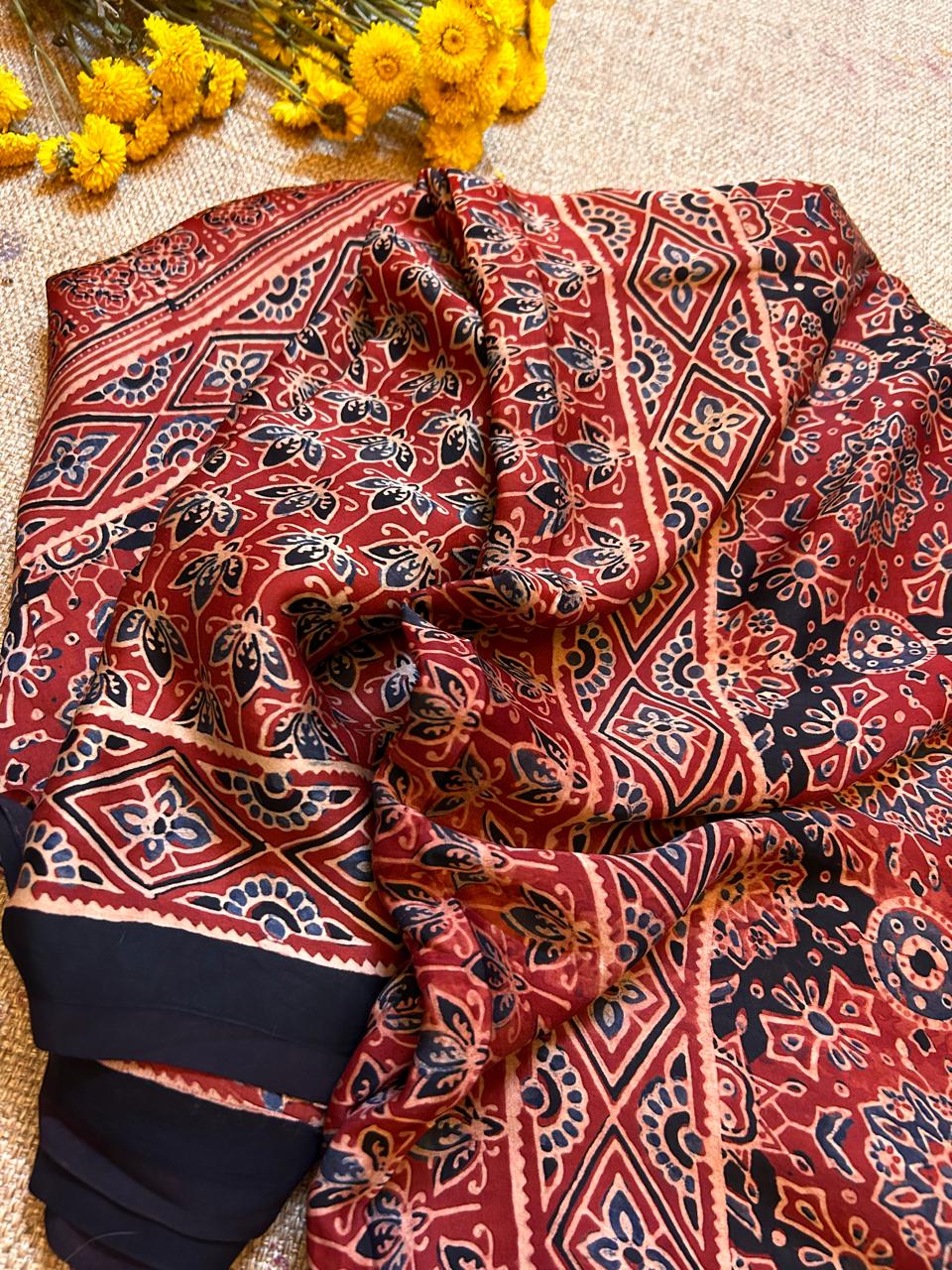 Maroon Modal Silk Saree with Traditional Hand Block Print