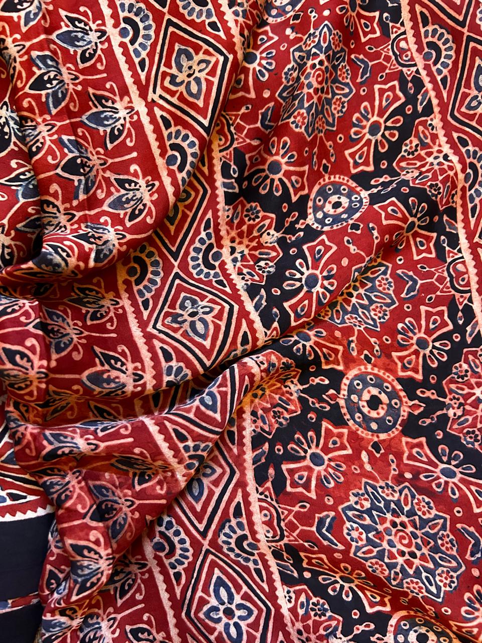 Maroon Modal Silk Saree with Traditional Hand Block Print