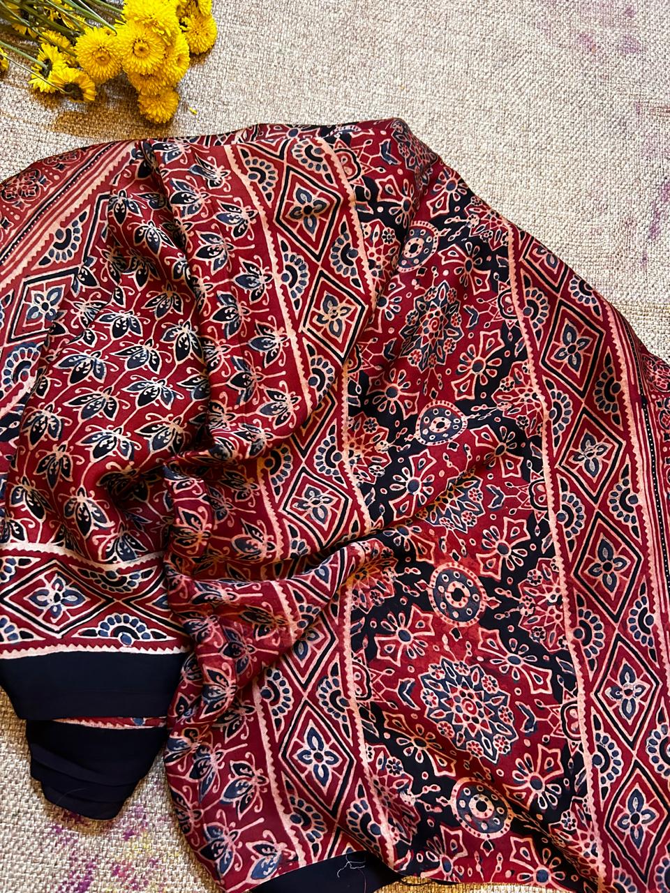 Maroon Modal Silk Saree with Traditional Hand Block Print