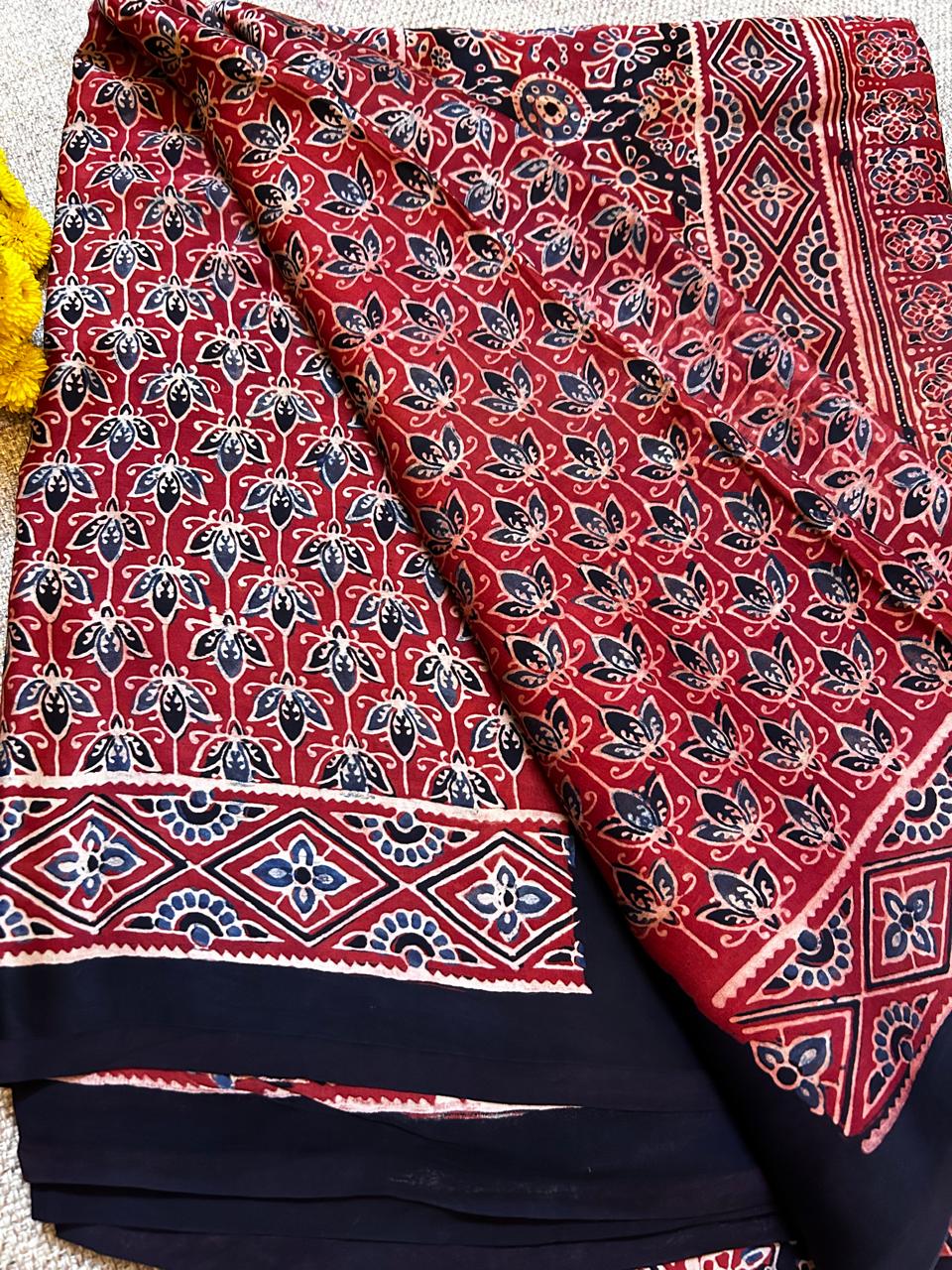 Maroon Modal Silk Saree with Traditional Hand Block Print