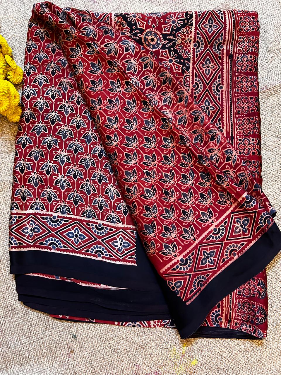 Maroon Modal Silk Saree with Traditional Hand Block Print