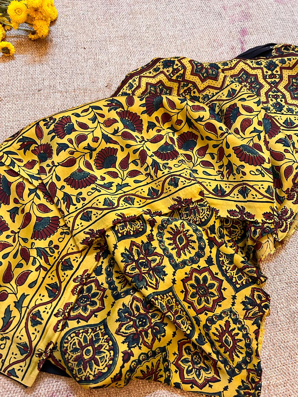 Mustard Modal Silk Saree with Traditional Hand Block Print