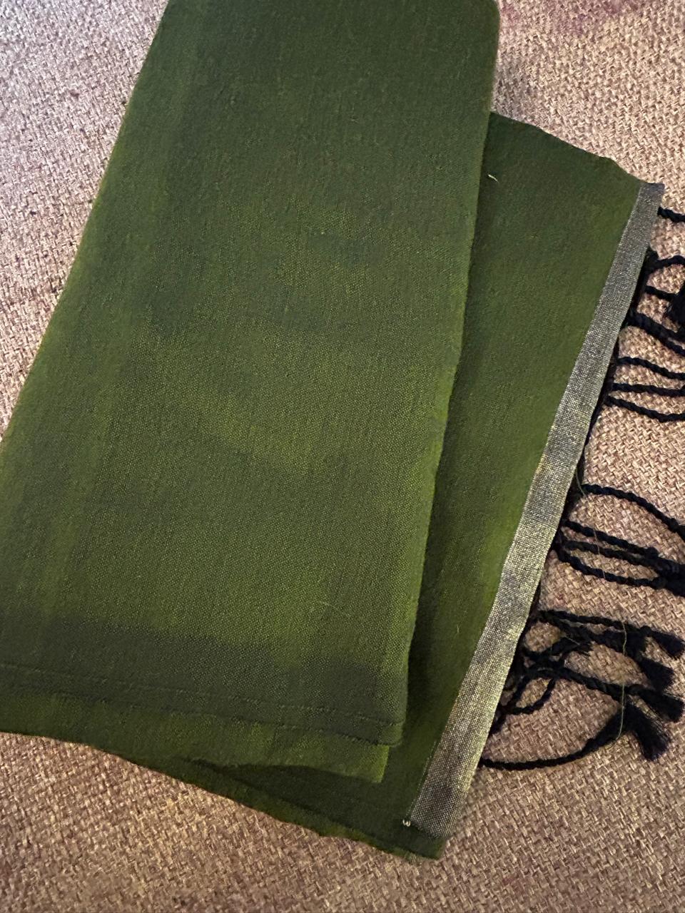 Olive Green Cotton Saree with Contrast Border & Tassel Pallu