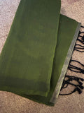 Olive Green Cotton Saree with Contrast Border & Tassel Pallu