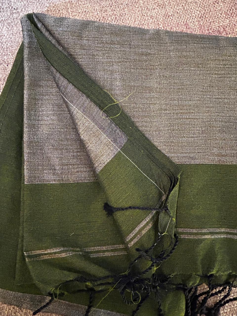 Olive Green Cotton Saree with Contrast Border & Tassel Pallu