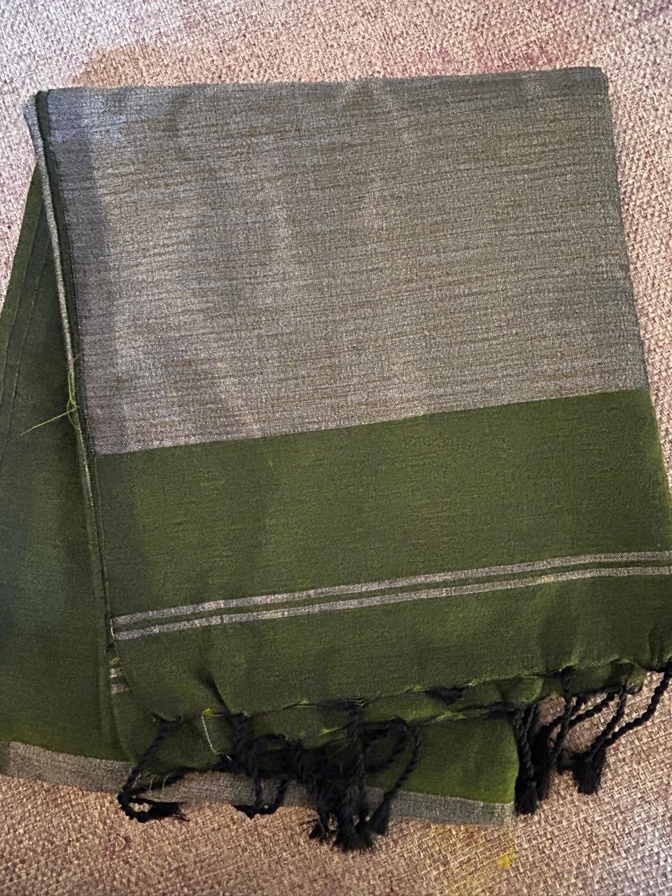 Olive Green Cotton Saree with Contrast Border & Tassel Pallu