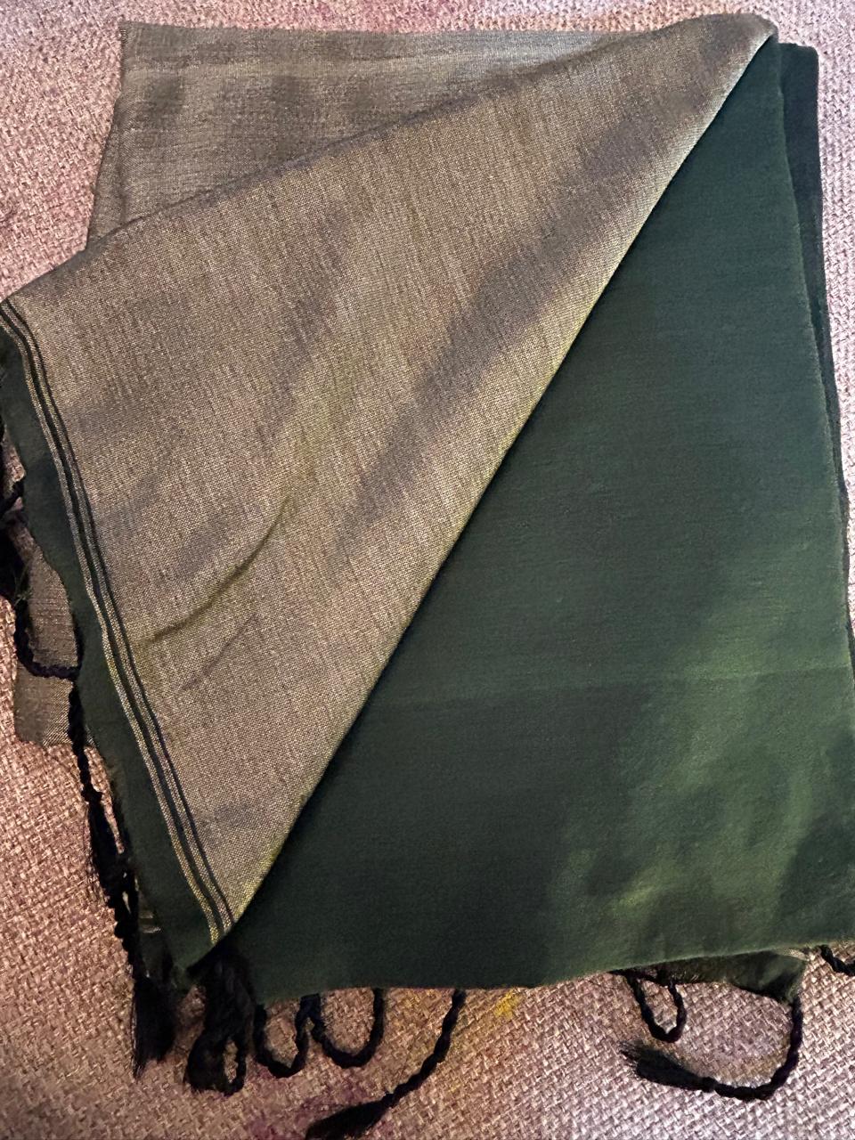 Olive Green Cotton Saree with Contrast Border & Tassel Pallu
