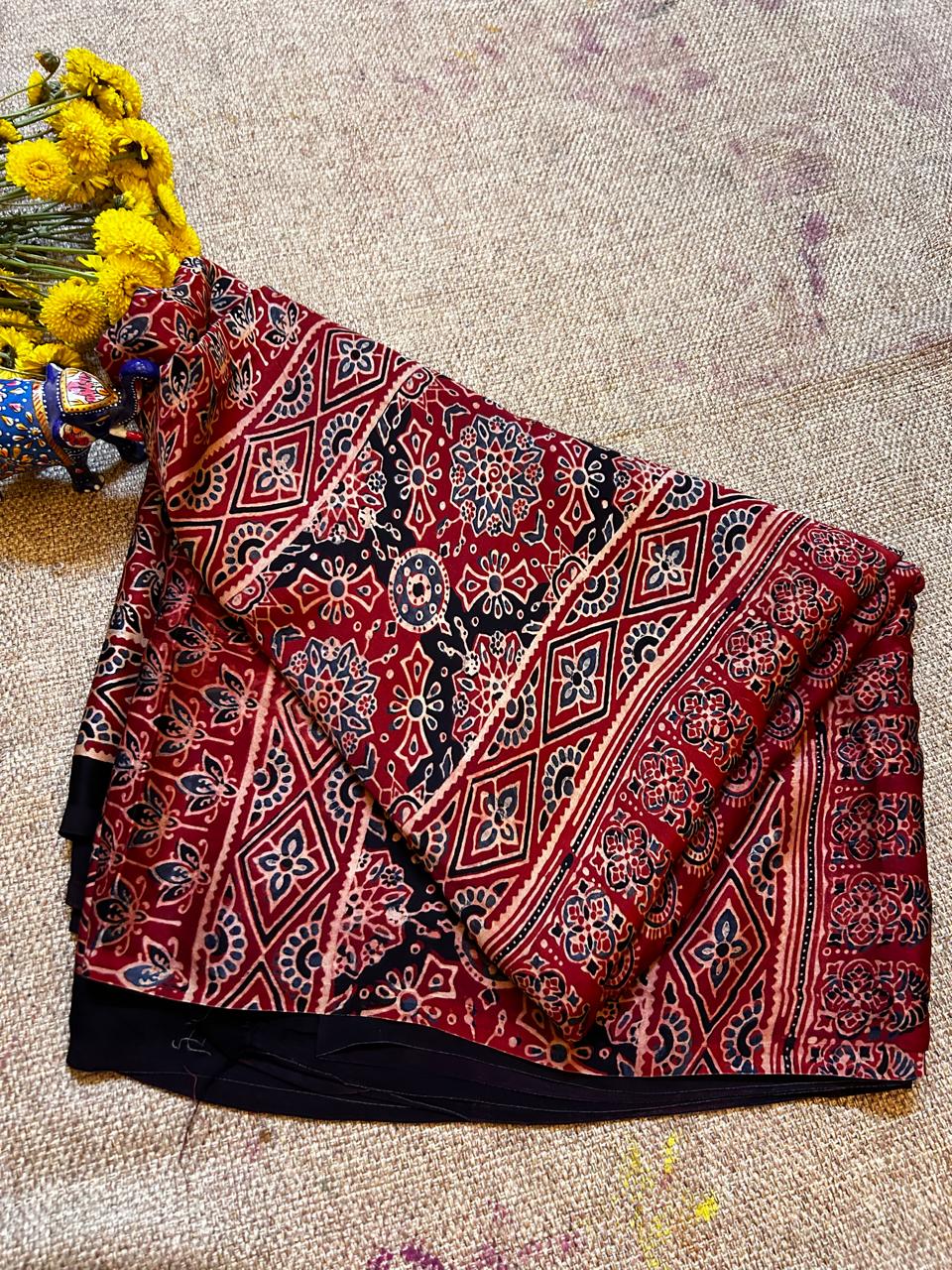 Maroon Modal Silk Saree with Traditional Hand Block Print