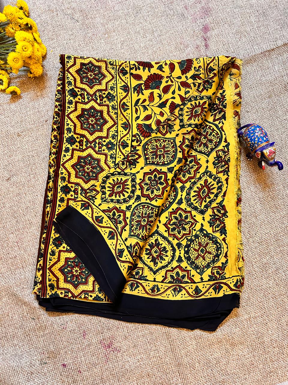 Mustard Modal Silk Saree with Traditional Hand Block Print