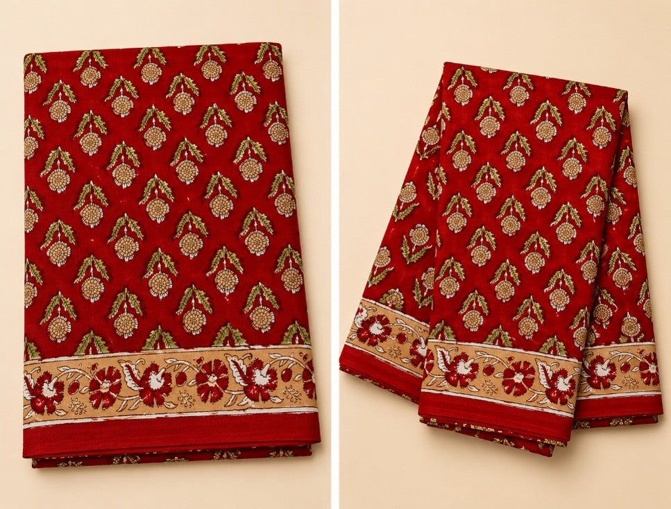 Traditional Red Cotton Saree with Handwoven Craft & Block Print Border